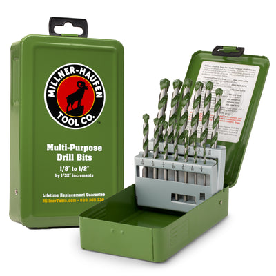 Millner-Haufen's 13 Piece Multi-Purpose Drill Bit Set. Two green metal boxes with the drill bits, one closed and the other open. Closed reads: Millner-Haufen Logo Multi-purpose Drill Bits 1/8" to 1/2" by 1/32" increments.