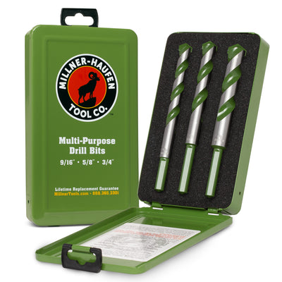 Millner-Haufen's 3 Piece Multi-Purpose Drill Bit Set. Two green metal boxes with the drill bits, one closed and the other open. Closed reads: Millner-Haufen Logo Multi-purpose Drill Bits 9/16" 5/8" 3/4" Lifetime Replacement Guarantee