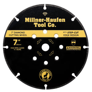 Millner-Haufen's 7" Step-Cut Wheel in a angle grinder on a white background. Black wheel with yellow text reads Millner-Haufen Tool Co. 7" Diamond Cutting Wheel with Step-Cut Edge Design. 7" 180mm Max RPM: 8,000 7/8" Bore Warning: Wear Eye Protection. 