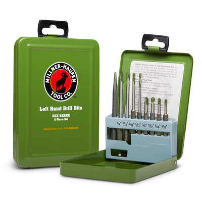 Millner-Haufen's 9 Piece Left Hand  Drill Bit Set. Two green metal boxes with the drill bits, one closed and the other open with the 9 piece reverse-flute bits. Closed reads: Millner-Haufen Logo Left Hand Drill BitsHex Shank 9 Piece Set.