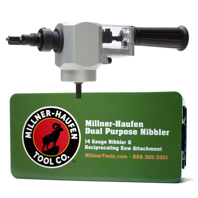 Millner-Haufen's Dual-Purpose Nibbler and it's box featured on a white background. The box reads Millner-Haufen Dual Purpose Nibbler 14 Gauge Nibbler & Reciprocating Saw Attachment.